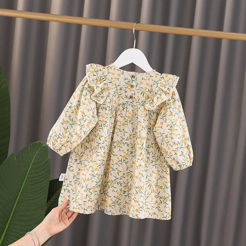 Girls' Dress 2022 Autumn New Skirt Long Sleeve Cotton And Hemp Pastoral Princess Floral Skirt